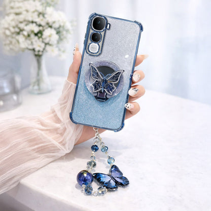 Vivo Y400 Pro 5G Shockproof Shimmer Butterfly Stand Case with Charm Strap