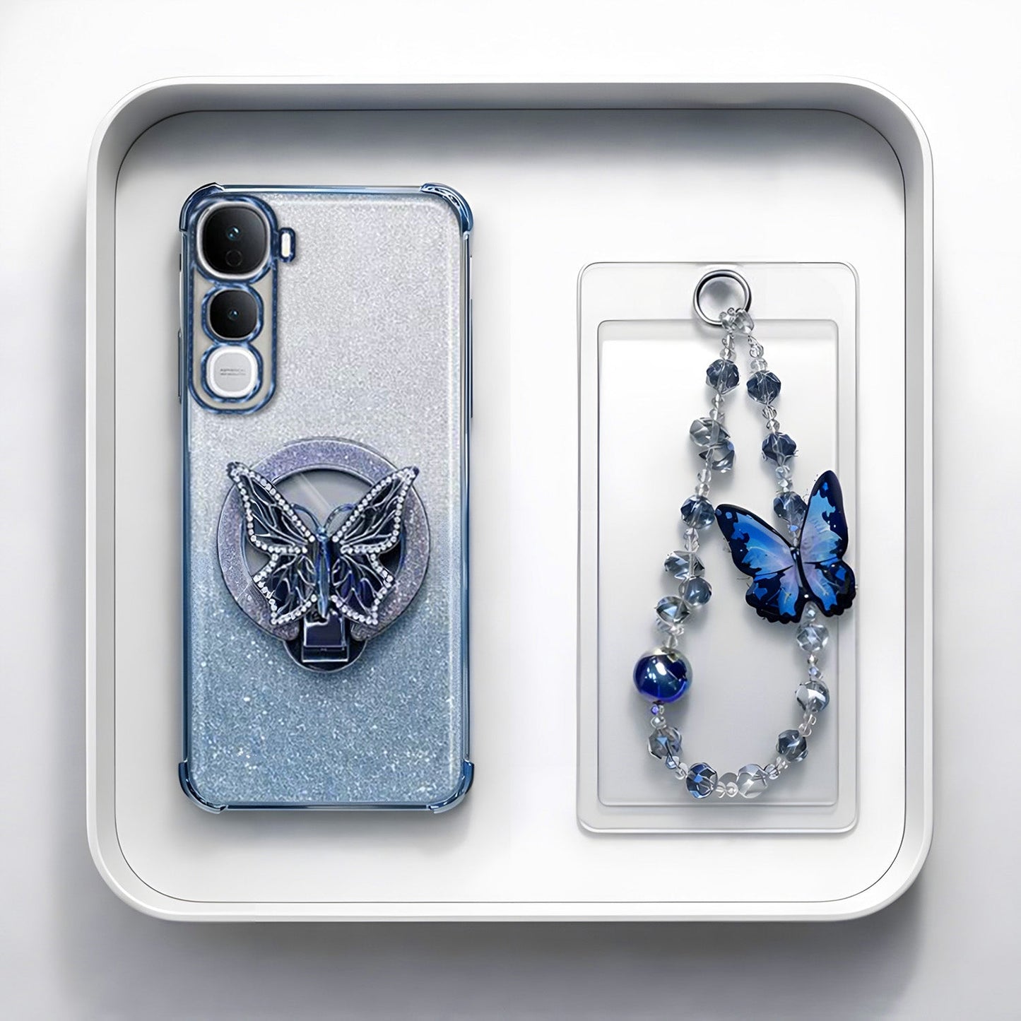 Vivo Y400 Pro 5G Shockproof Shimmer Butterfly Stand Case with Charm Strap