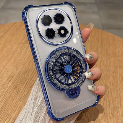 Phone case with decorative ring holder held by a hand on a wooden surface