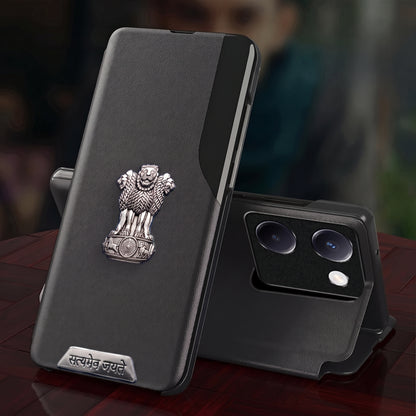 Vivo Y200 Pro 5G Metal Satyamev Jayate 2-in-1 Emblem Half-Window Leather Flip Case