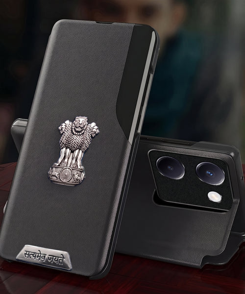 Vivo Y200 Pro 5G Metal Satyamev Jayate 2-in-1 Emblem Half-Window Leather Flip Case