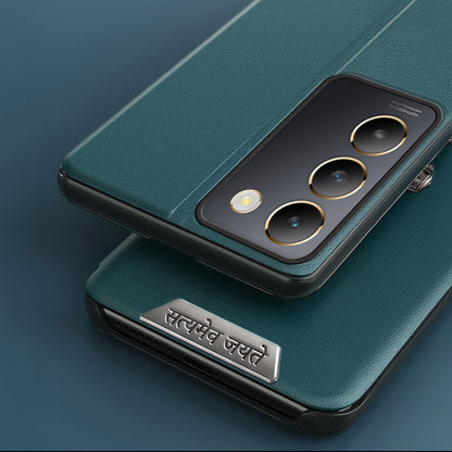 Vivo Y200e 5G Metal Satyamev Jayate 2-in-1 Emblem Half-Window Leather Flip Case