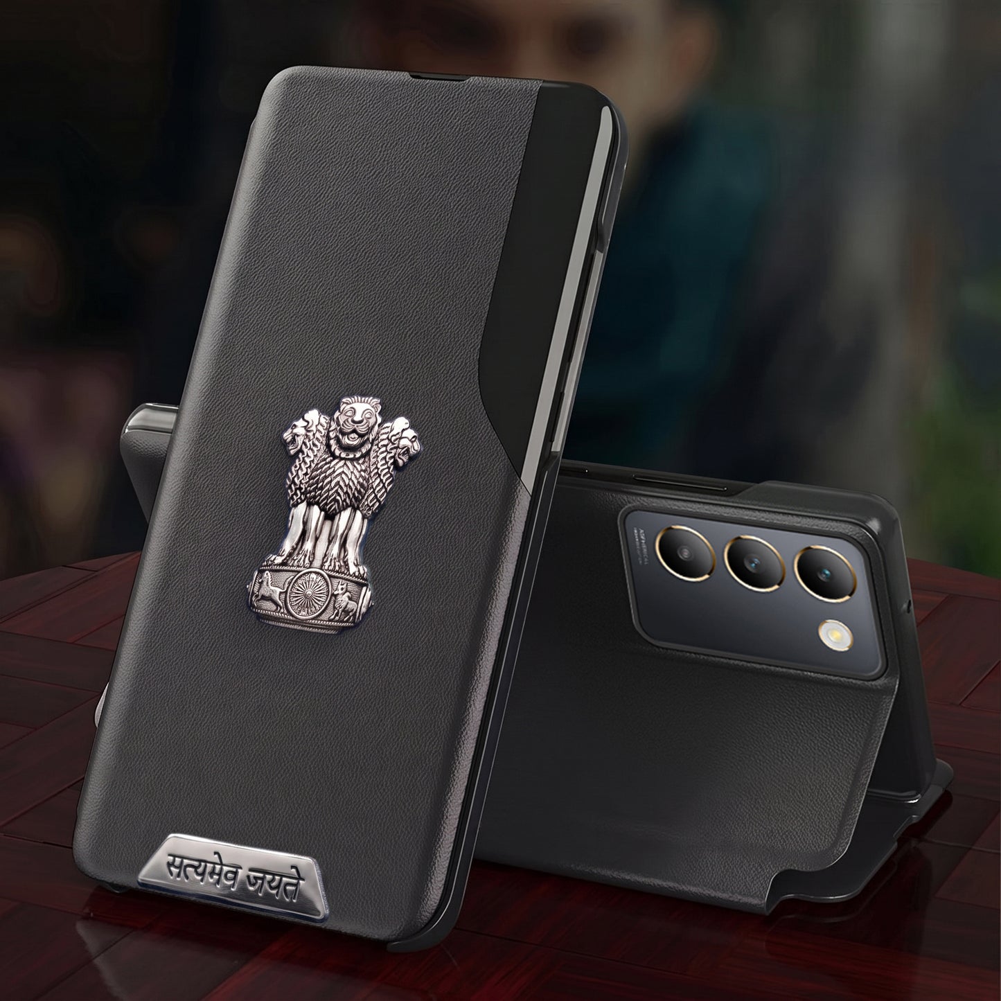 Vivo Y200e 5G Metal Satyamev Jayate 2-in-1 Emblem Half-Window Leather Flip Case