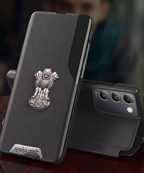 Vivo Y200e 5G Metal Satyamev Jayate 2-in-1 Emblem Half-Window Leather Flip Case