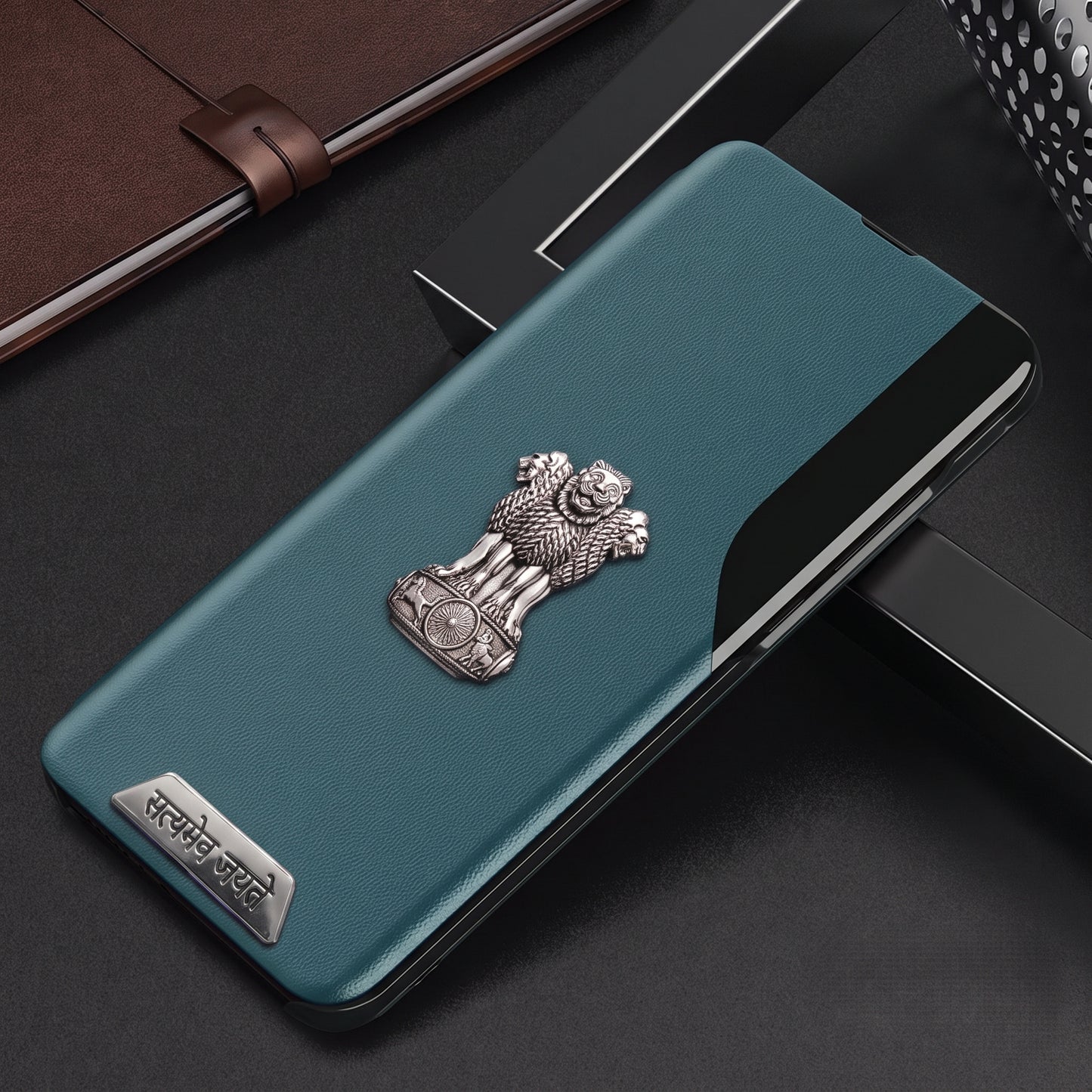 Vivo Y200e 5G Metal Satyamev Jayate 2-in-1 Emblem Half-Window Leather Flip Case