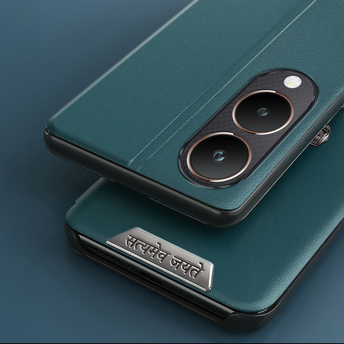 Vivo Y28 5G Metal Satyamev Jayate 2-in-1 Emblem Half-Window Leather Flip Case