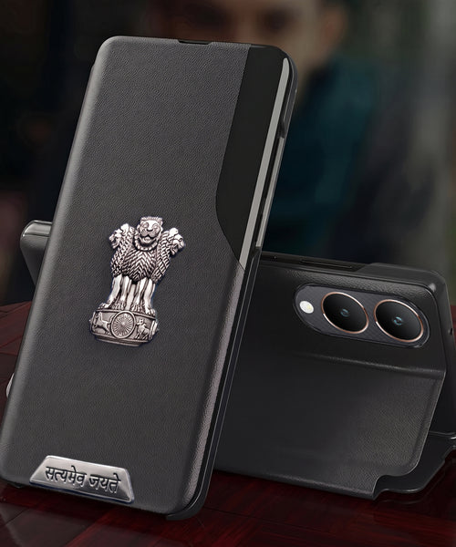 Vivo Y28 5G Metal Satyamev Jayate 2-in-1 Emblem Half-Window Leather Flip Case