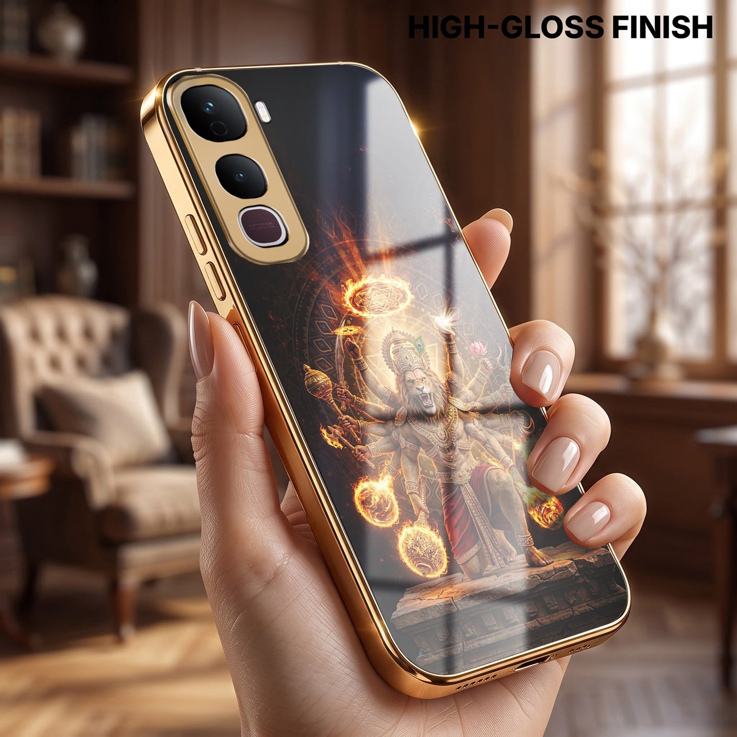Vivo Y400 Pro 5G Lord Narasimha Gold Electroplated Glass Phone Back Case