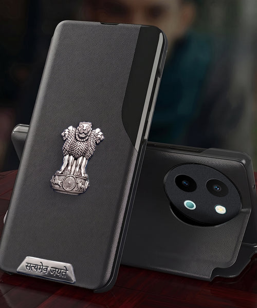 Vivo Y58 5G Metal Satyamev Jayate 2-in-1 Emblem Half-Window Leather Flip Case