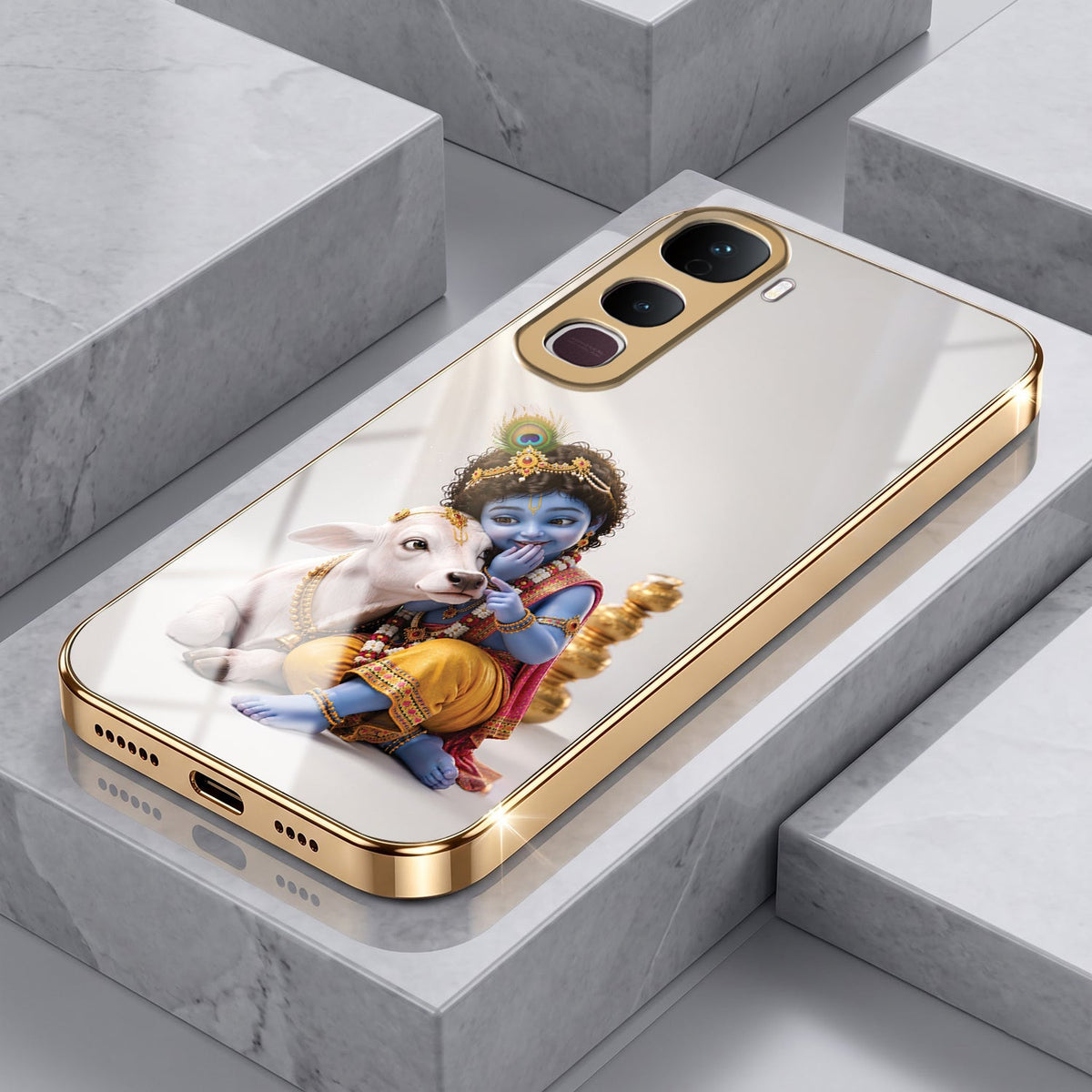 Vivo Y400 Pro Bal Krishna Blessings Gold Electroplated Glass Phone Back Case