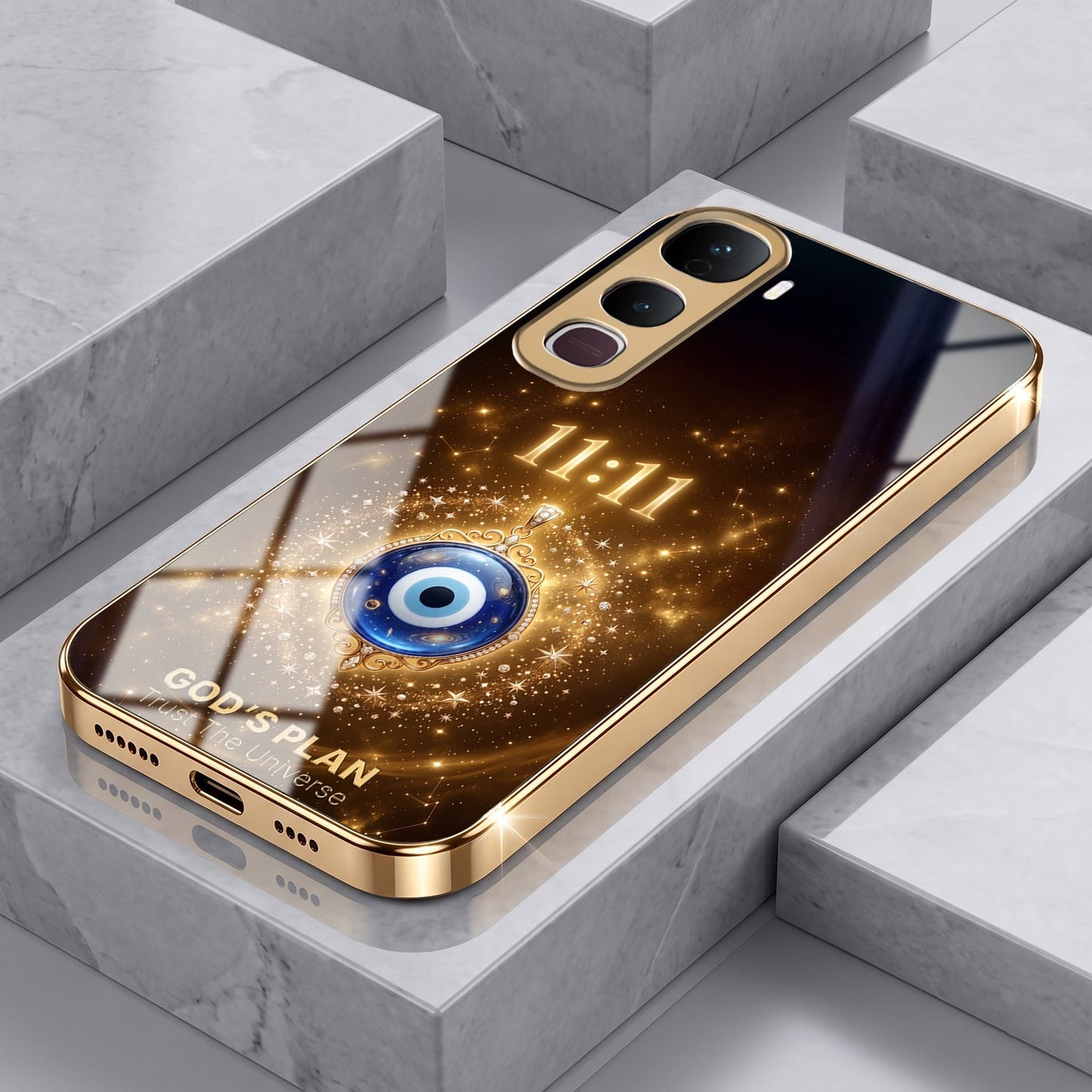 Vivo Y400 Pro God’s Plan Evil Eye Gold Electroplated Glass Phone Back Case