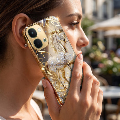 Vivo T5X 5G Luxury Horse Texture Gold Electroplated Glass Phone Back Case