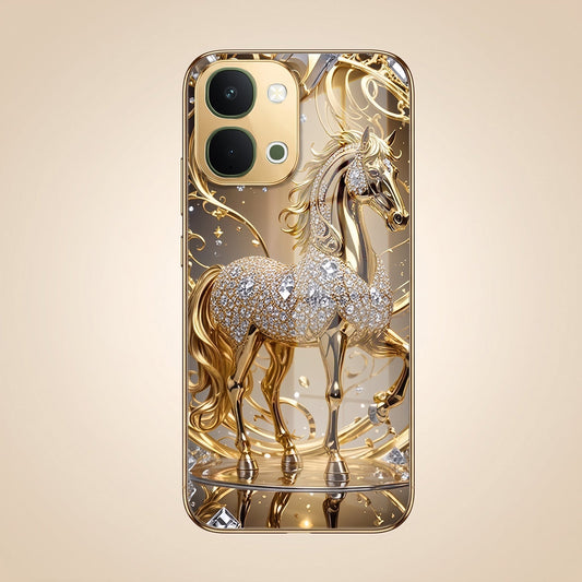 Vivo T5X 5G Luxury Horse Texture Gold Electroplated Glass Phone Back Case