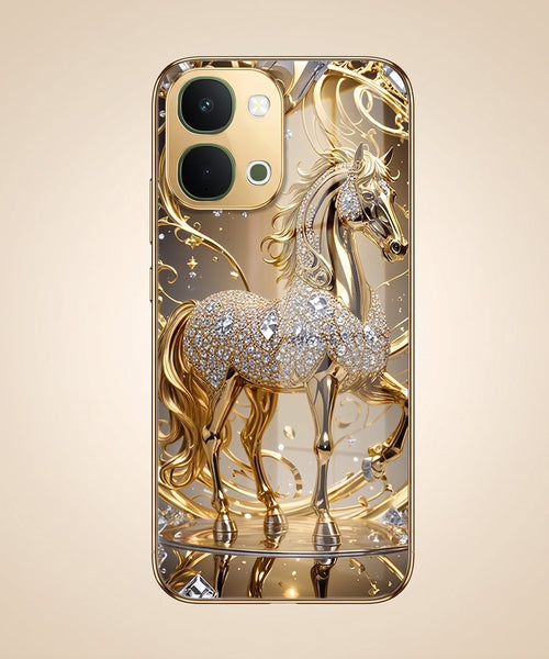 Vivo T5X 5G Luxury Horse Texture Gold Electroplated Glass Phone Back Case