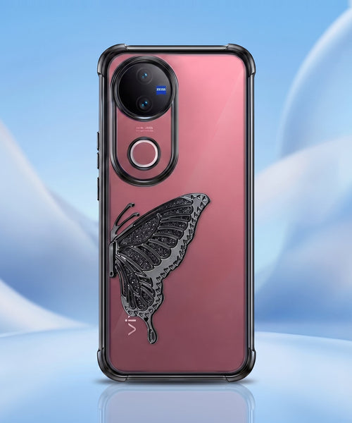 Vivo V50 5G Premium Butterfly Glitter Stand Transparent Shockproof Airbag Phone Case