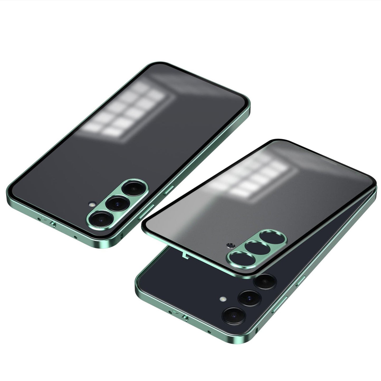 Green smartphone showing front, back, and side views on a white background