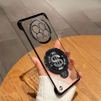Realme 13 Pro+ 5G Phone case with ring holder and dollar sign design held by a hand on a wooden table.