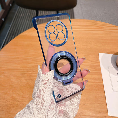 Realme 13 Pro+ 5G Clear phone case with blue accents held by a person on a wooden table.