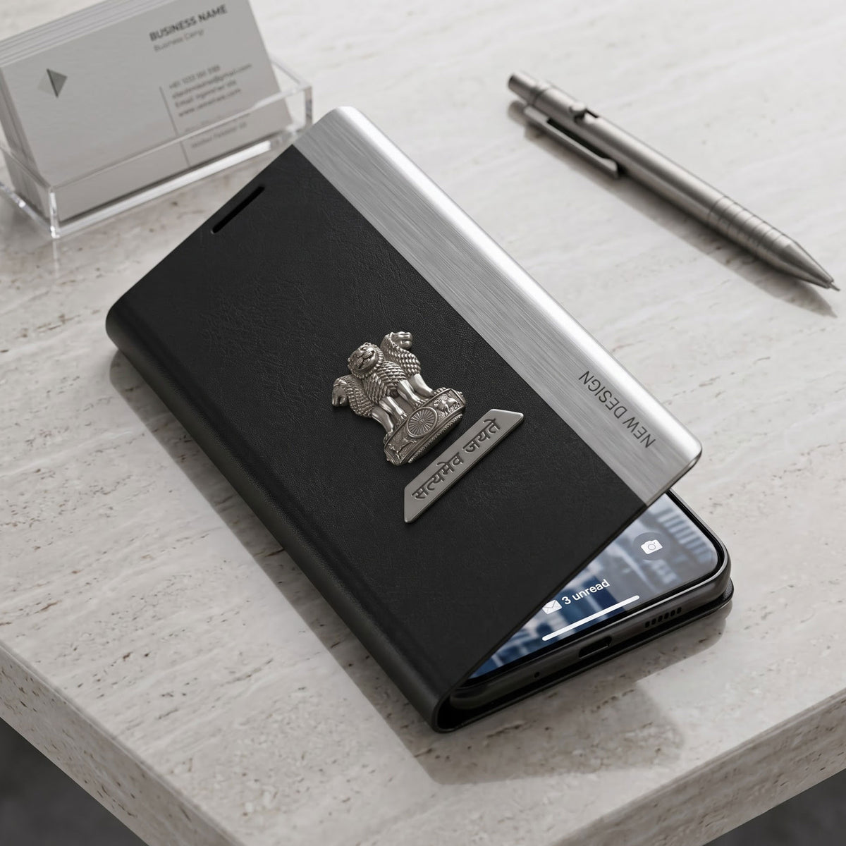 Oppo Reno 16 5G Satyamev Jayate Metal Emblems Flip Leather Case