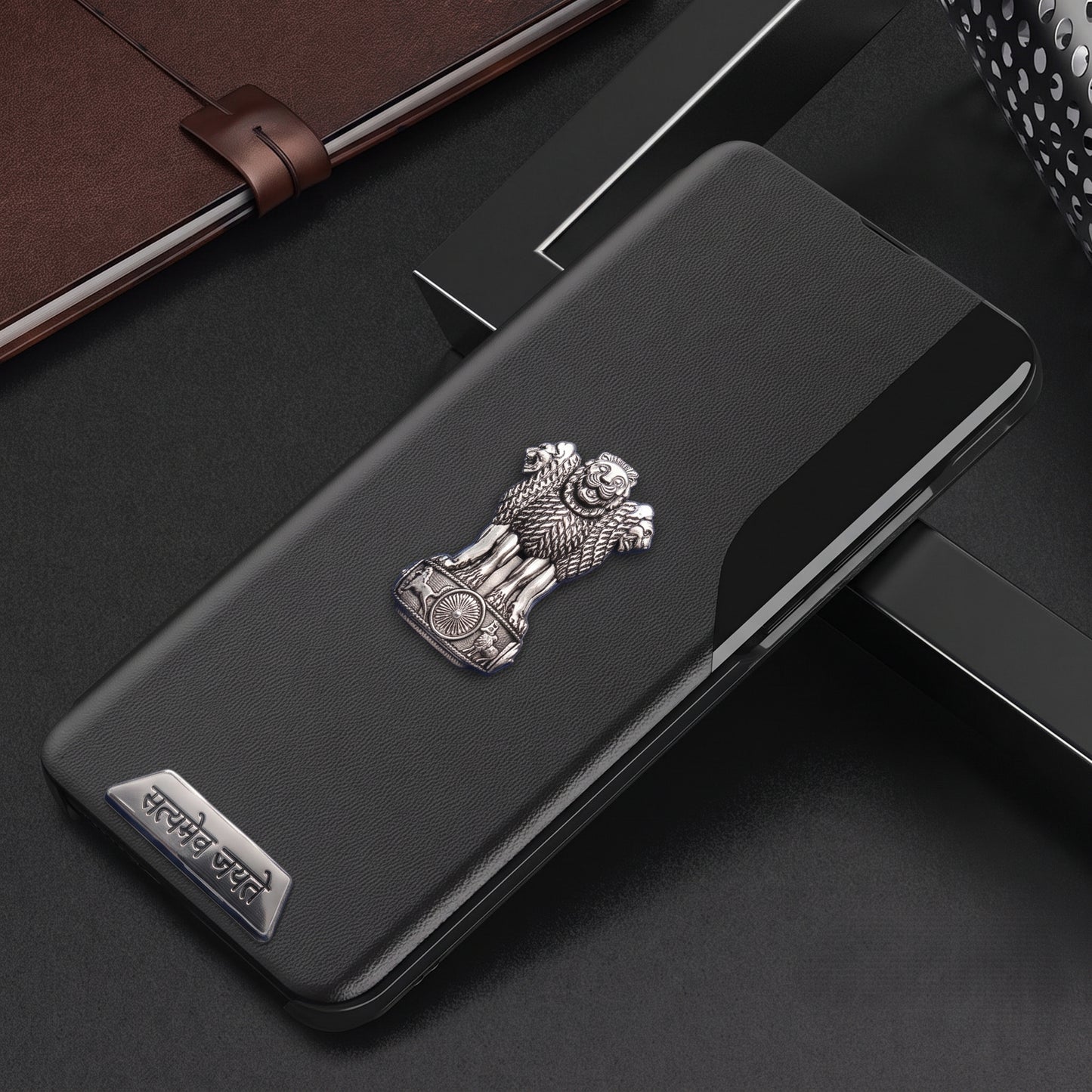 Vivo T3 Pro 5G Metal Satyamev Jayate 2-in-1 Emblem Half-Window Leather Flip Case