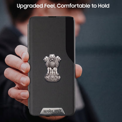 Vivo T3 Pro 5G Metal Satyamev Jayate 2-in-1 Emblem Half-Window Leather Flip Case