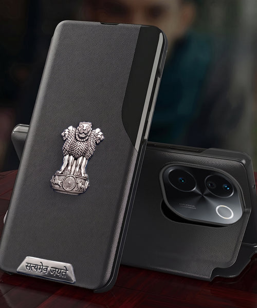 Vivo T3 Pro 5G Metal Satyamev Jayate 2-in-1 Emblem Half-Window Leather Flip Case
