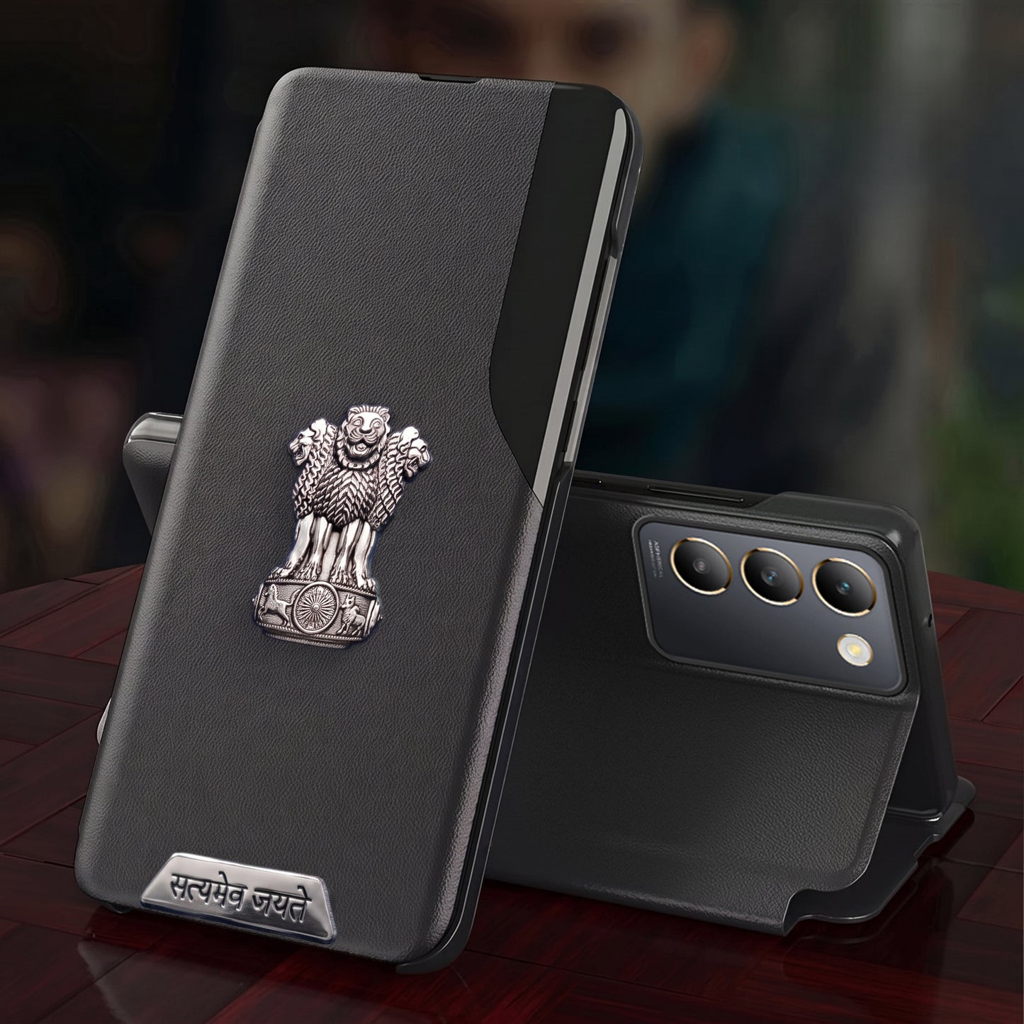 Vivo T3 5G Metal Satyamev Jayate 2-in-1 Emblem Half-Window Leather Flip Case