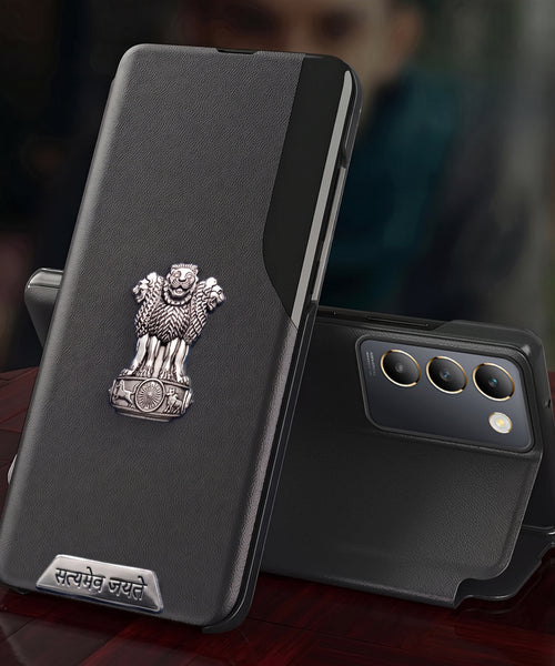 Vivo T3 5G Metal Satyamev Jayate 2-in-1 Emblem Half-Window Leather Flip Case